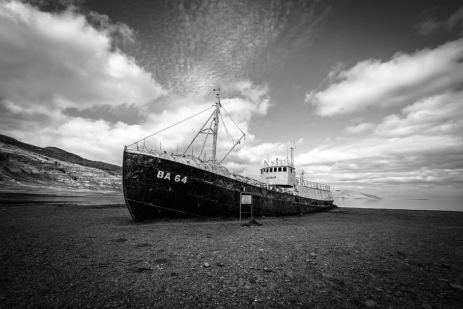 Grayscale Photo of Ship, abandoned, beach, black-and-white, clouds HD wallpaper