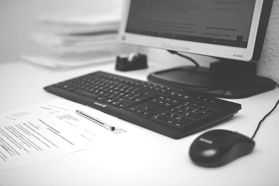 computer, office, workplace, keyboard, mouse, document, monitor HD wallpaper