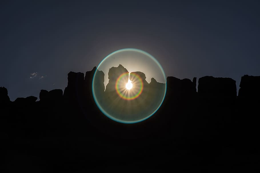 scenery of silhouette of rock formation, flare, sun burst, ray, HD wallpaper