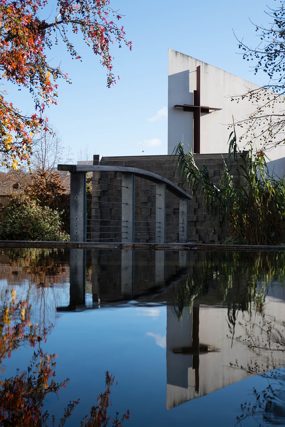france, cachan, reflection, water, church, cross, miror, building exterior HD wallpaper