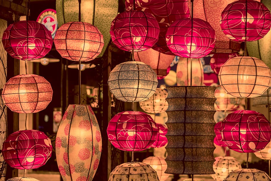 pink and orange lanterns, hanging, lighting equipment, decoration HD wallpaper
