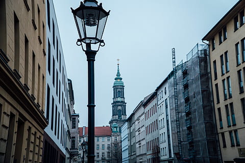 black light post, lamp post, berlin, germany, steeple, tower HD wallpaper