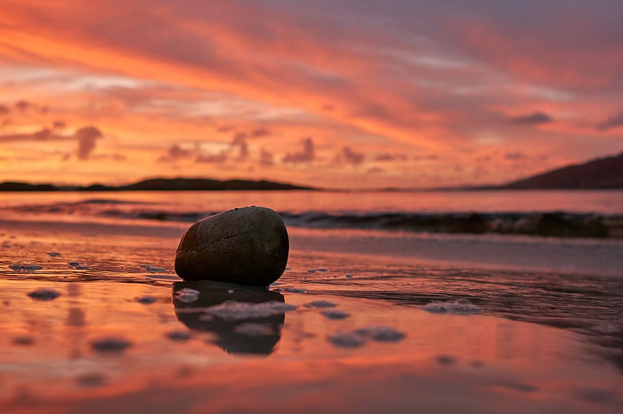 black stone, sunset, sky, orange color, water, beauty in nature HD wallpaper