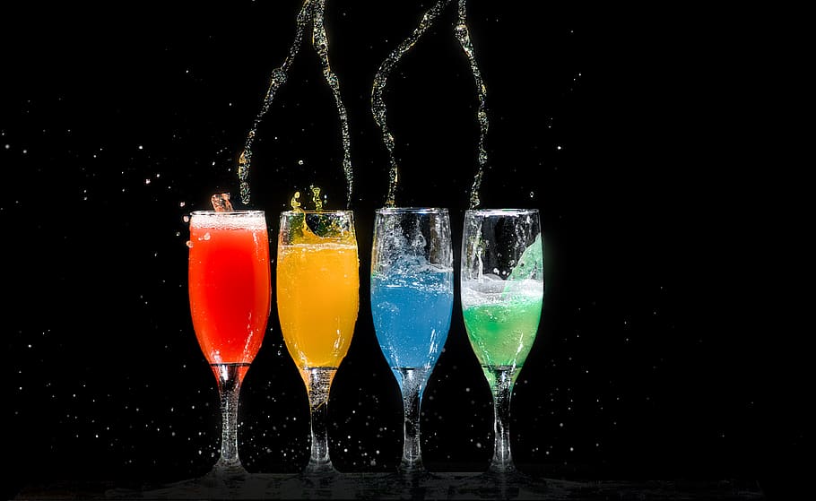 Four Champagne Flutes With Assorted-color Liquids, alcohol, beverage HD wallpaper