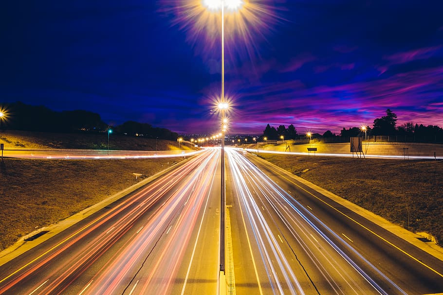 light trail, lights, long exposure, night, illuminated, motion HD wallpaper