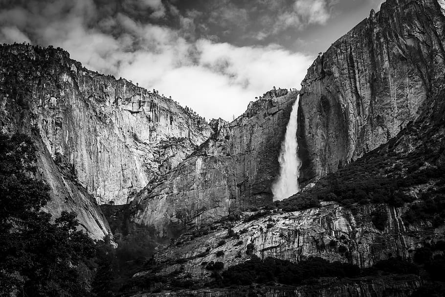 waterfalls and mountain, rock, sky, rock formation, rock - object HD wallpaper