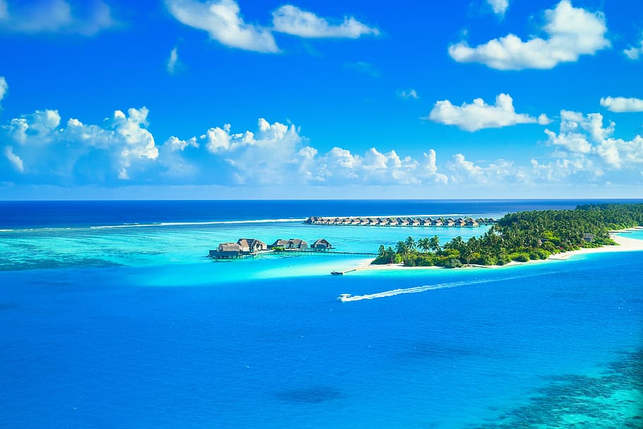 Maldives Island, beach, boat, clouds, coast, cove, daytime, landscape HD wallpaper