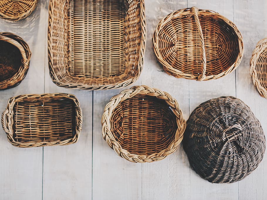 brown wicker basket lot, container, no people, pattern, hanging HD wallpaper