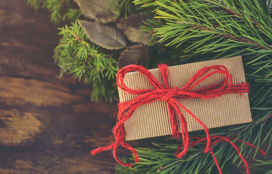 Brown Gift Box, bow, christmas, ribbon, holiday, red, celebration HD wallpaper