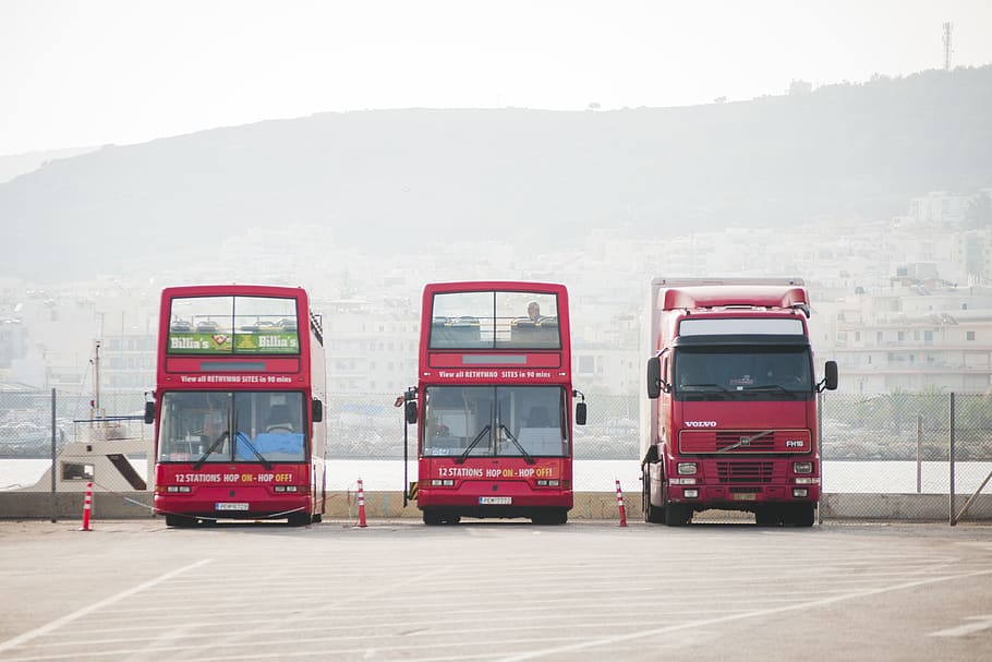 three parked cars, bus, transportation, vehicle, truck, greece HD wallpaper