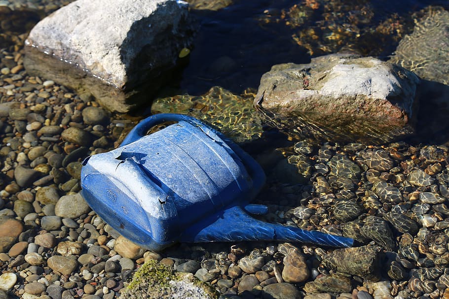 watering can, garbage, filth, plastic, rhine, bank, solid, rock HD wallpaper