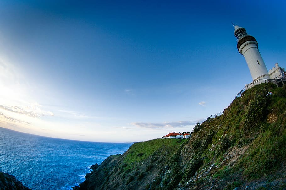 australia, byron bay, cape byron lighthouse, sea, sky, water