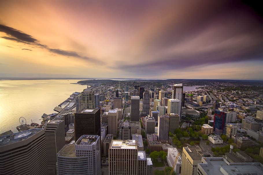 architectural photography of buildings, sunset, rooftop, cityscape HD wallpaper