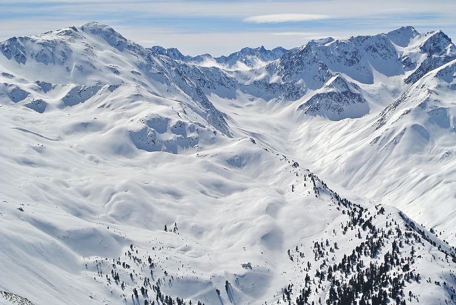 alpine, mountains, ski, snowboard, landscape, nature, sky, austria HD wallpaper
