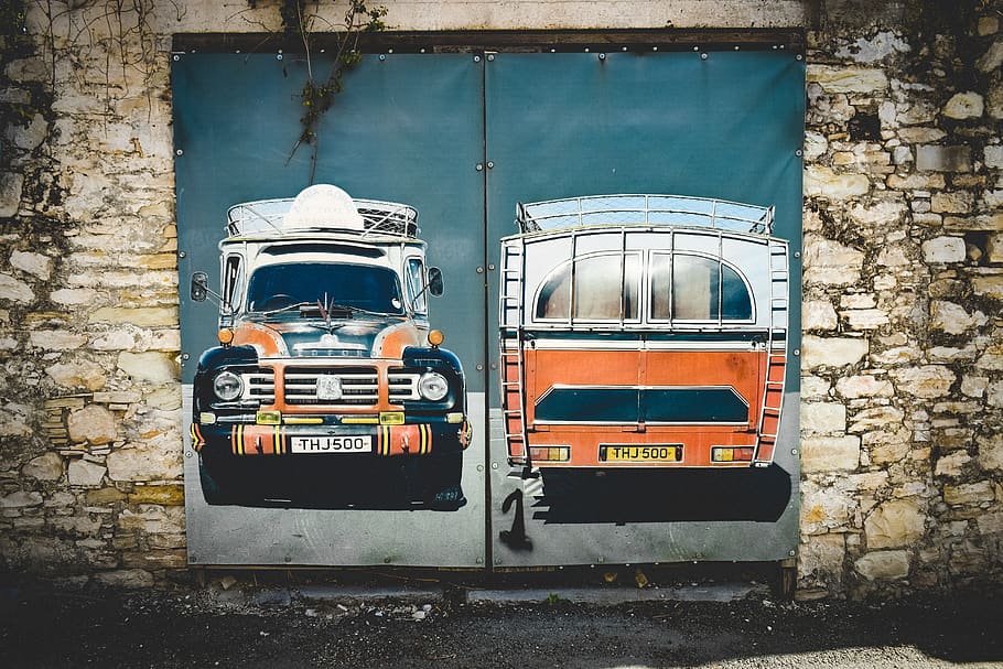 door, metallic, old, garage, poster, old bus, nostalgia, vintage HD wallpaper