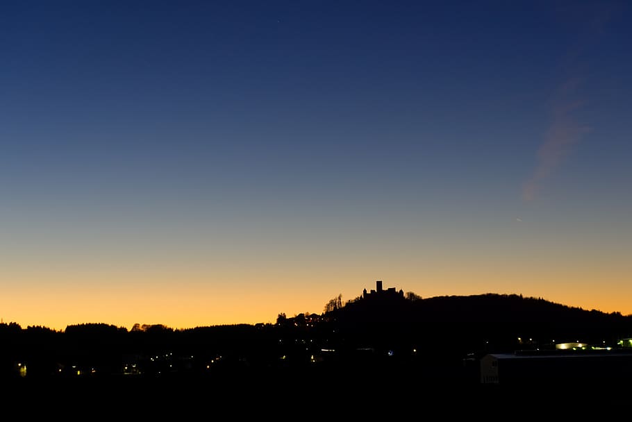 sunset, skyline, building, castle, nürburg, silhouette, black, HD wallpaper