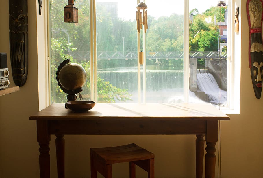 sherbrooke, canada, office, view, waterfall, window, globe HD wallpaper