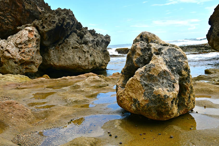 brown stone, water, rock, sea, rock - object, solid, beach, sky HD wallpaper