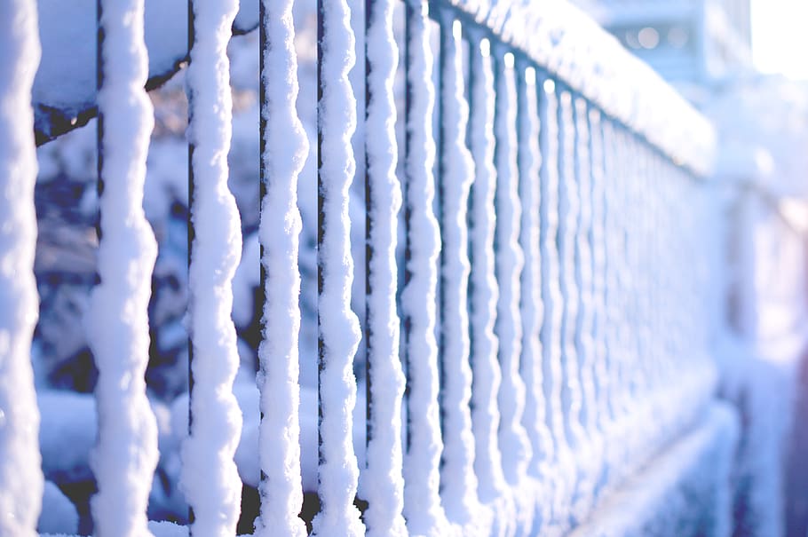 fence, pale, blue, snow, morning, linear, cold temperature HD wallpaper