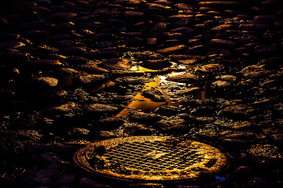 lithuania, klaipėda, senamiestis, lights, puddle, water, pavement, HD wallpaper