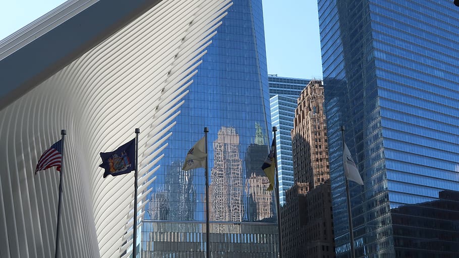nyc, occulus, flags, financial district, buildings, desktop background HD wallpaper
