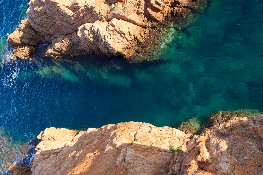 spain, water, rock, cliff, deep, blue, looking down, day, sea, HD wallpaper
