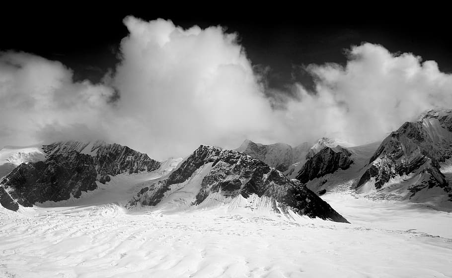 Snow Covered Mountain during Night Time, black-and-white, clouds HD wallpaper