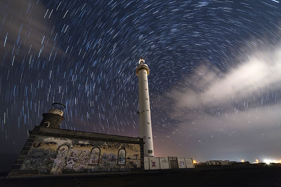white lighthouse, star, lanazarote, star trail, urban, night HD wallpaper