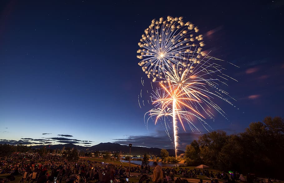 fireworks, bright, cloudscape, colors, dusk, evening, flash, golden hour HD wallpaper