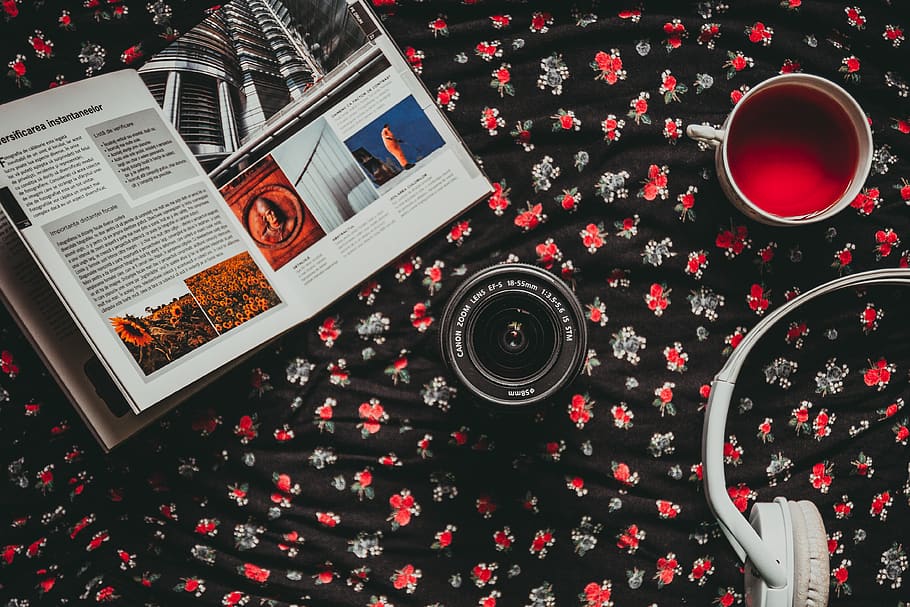 Black Camera Lens Beside White Headphones and Cup, close-up, design HD wallpaper