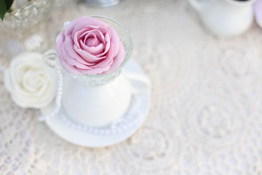 tea party, rose, tea cup, doily, vintage, card, background, HD wallpaper
