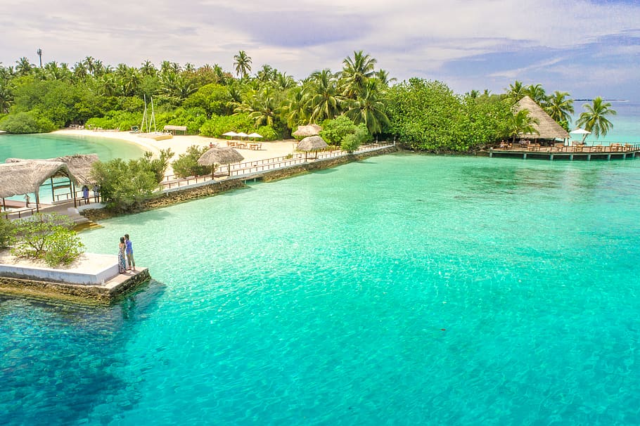 Aerial Photo of Beach With Dock, blue, couple, daylight, engagement HD wallpaper