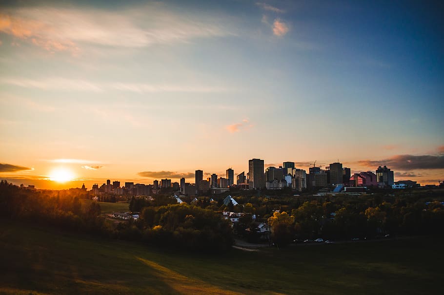 edmonton, canada, sunset, city, yellow, green, trees, sky, built structure HD wallpaper