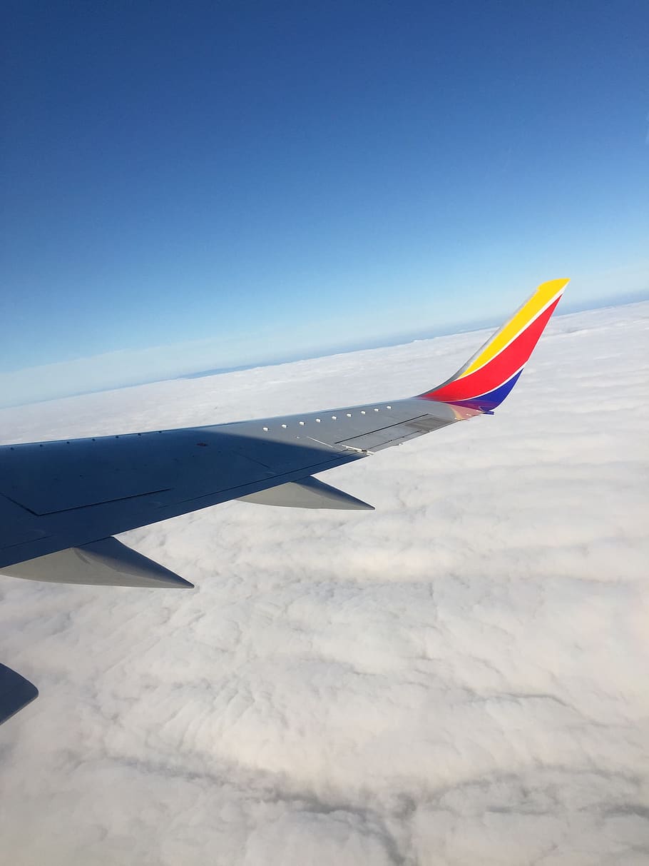 clouds, sky, airplane, air vehicle, flying, aircraft wing, mode of transportation HD wallpaper