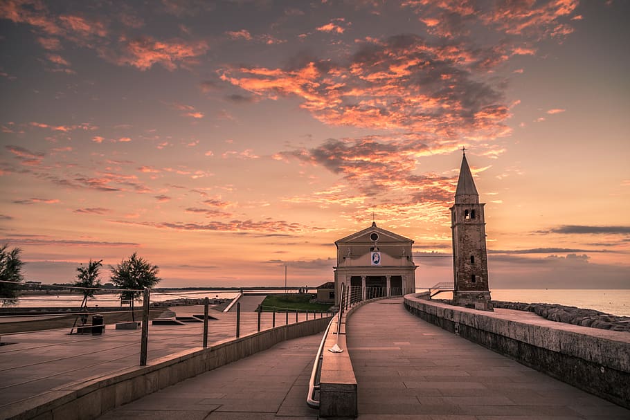 italy, caorle, tower, bench, trees, holiday, vacation, travel HD wallpaper