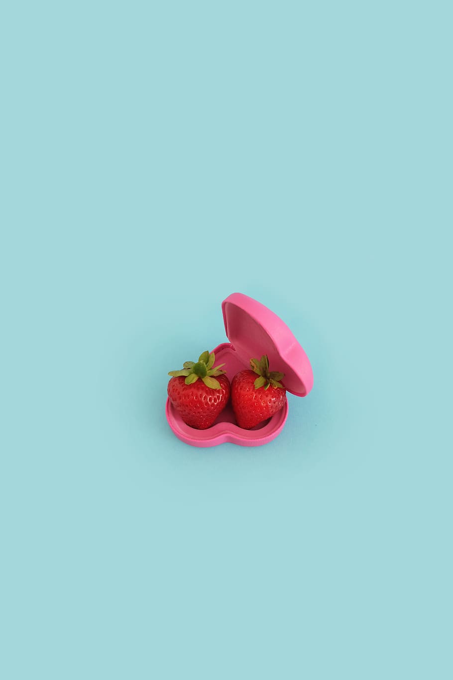 two strawberries on pink case, studio shot, red, colored background HD wallpaper