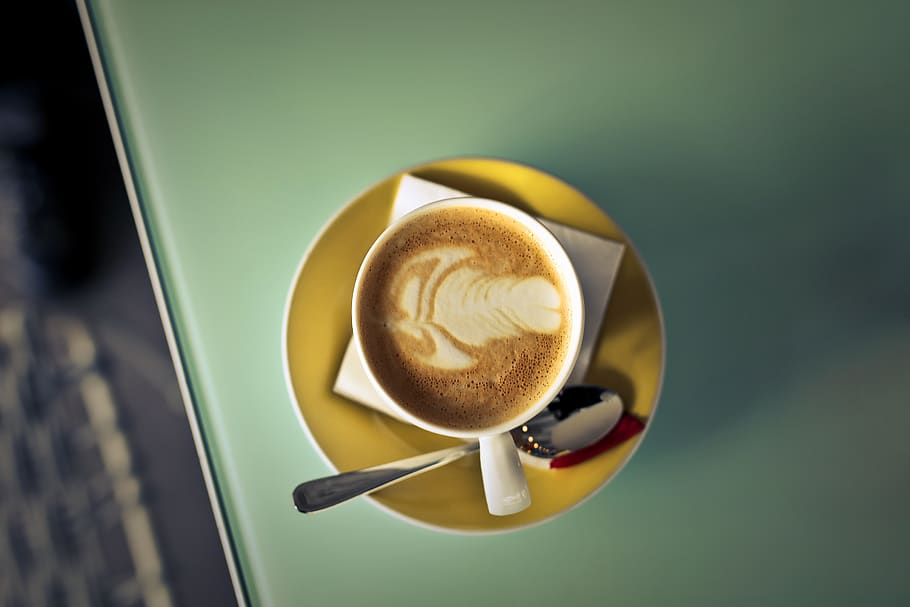 Coffee Latte on Saucer Beside Spoon, caffeine, close-up, coffee cup HD wallpaper