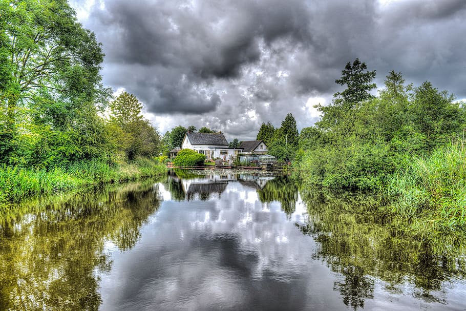 House on the Middle of the Lake, clouds, cloudy, dark clouds HD wallpaper