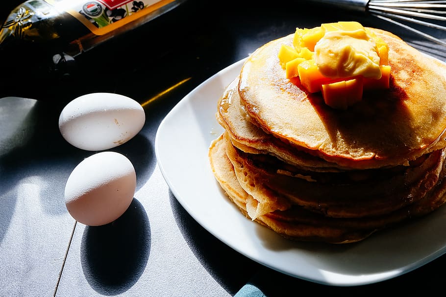 breakfast, mango, pancake, egg, eggs, syrup, sweet, stack, meal HD wallpaper