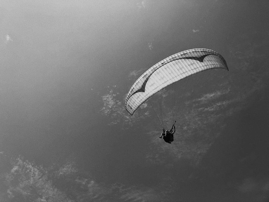 person using parachute in grayscale photo, adventure, leisure activities, HD wallpaper