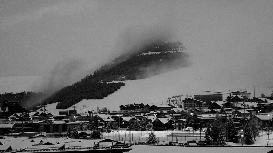 nature, landscape, tree, forest, snow, mountain, city, black and white HD wallpaper