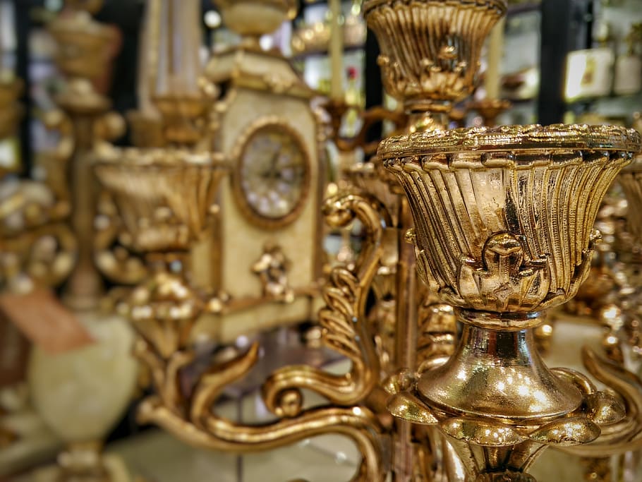 gold, gold colored, close-up, store, indoors, antique, retail HD wallpaper