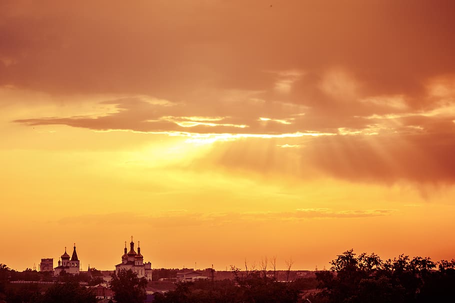 sunset, rays, sky, clouds, light, orange, color, beautiful HD wallpaper