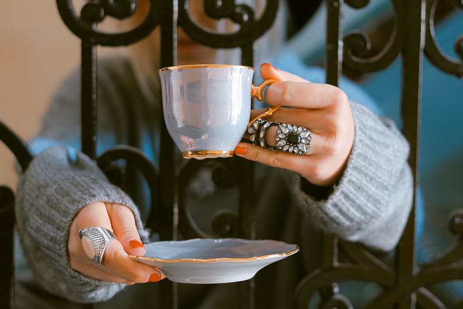 cup, plate, rings, hands, gate, grills, steel, man, woman, people HD wallpaper