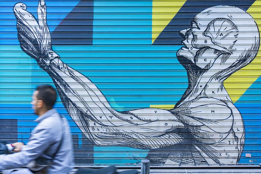 man riding on motorcycle, person, human, graffiti, art, athens HD wallpaper