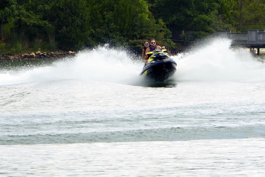 lake, water, waves, wake, jet ski, joy, water spray, motion HD wallpaper