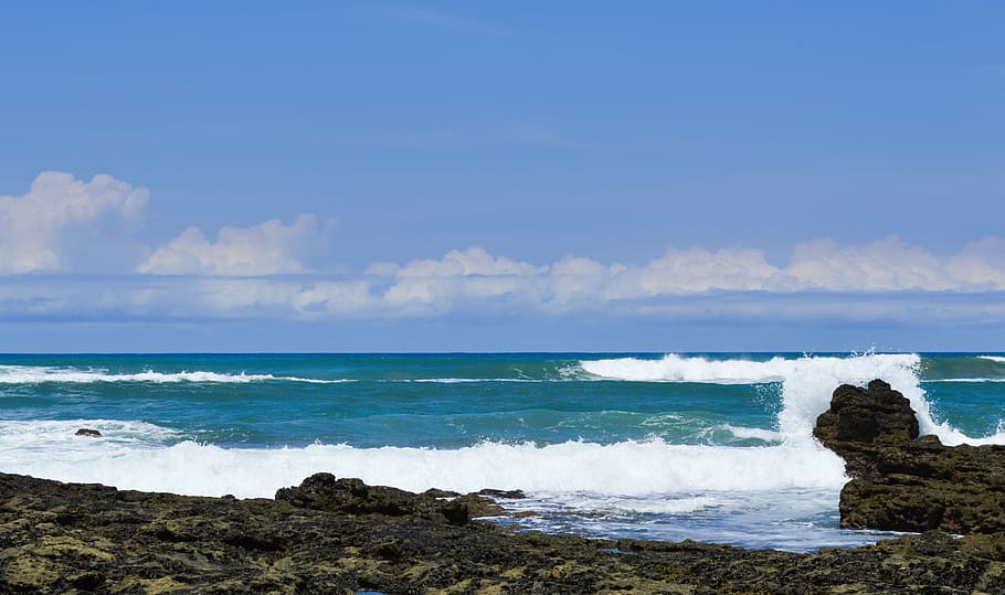 sea, surf, rocks, waves, nature, blue, seaside, whitewash, water HD wallpaper
