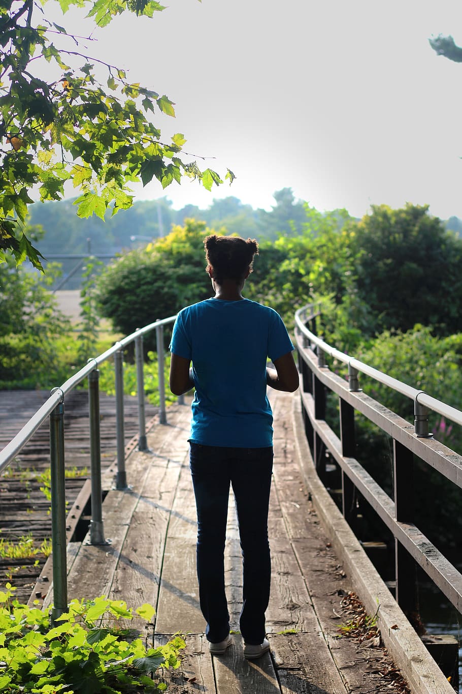 one person, real people, railing, full length, plant, rear view HD wallpaper