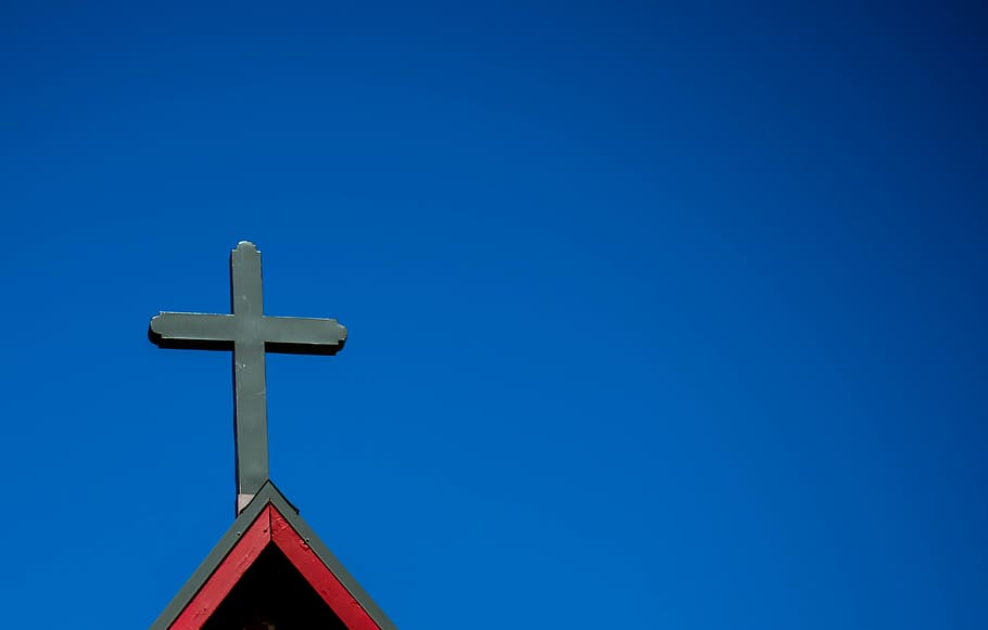 gray cross, blue, belief, religion, clear sky, spirituality, copy space HD wallpaper