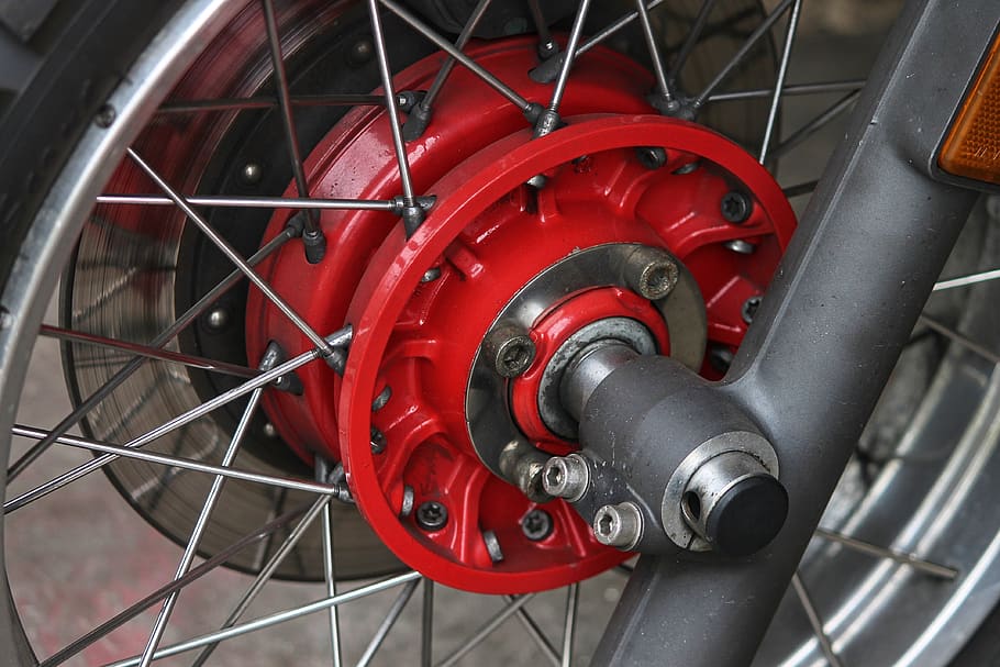 wheel, front wheel, motorcycle, fork, spokes, brake, disc brake, HD wallpaper